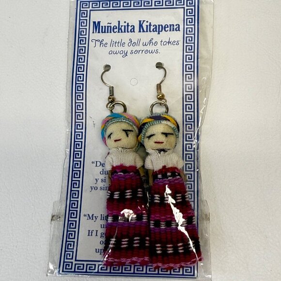 Guatemalan Worry Doll Earrings New Handmade Mexico Los Cinco‎ Soles - Picture 8 of 8